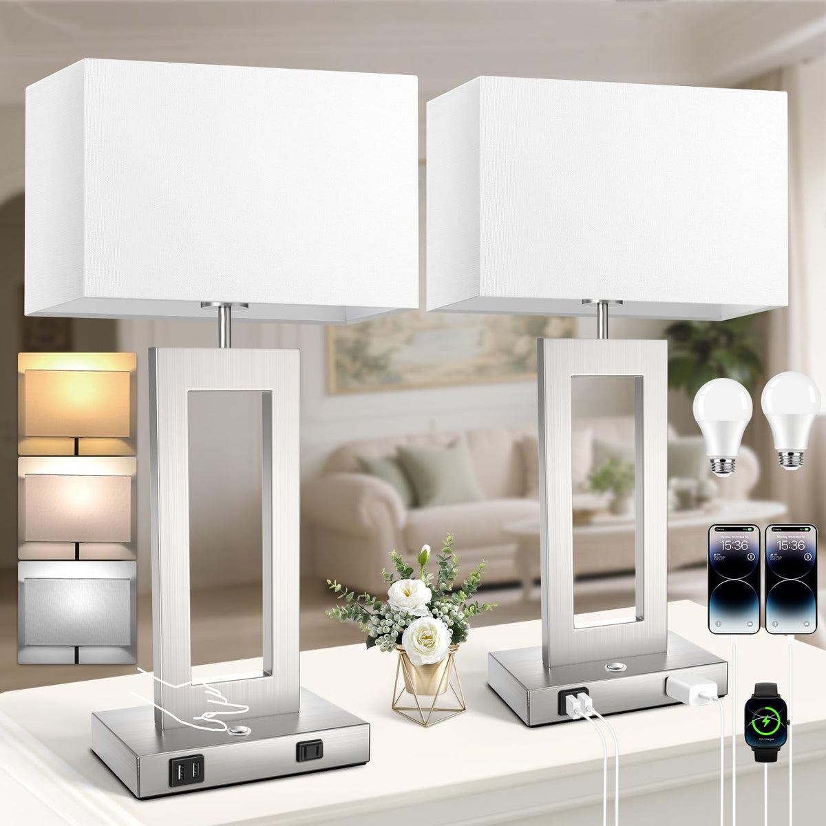 22’’ Touch Control Bedside Nightstand Lamps, Modern Table Lamps Set of 2