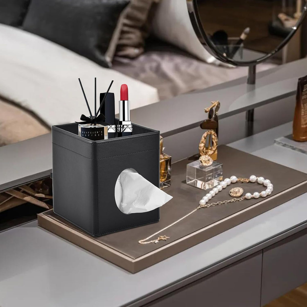 Tissue Box Cover Square Tissue Box Holder PU Leather Facial Tissues Organizer with Storage Tray for Bathroom Vanity Bedroom Office Car, Stylish Napkin Caddy Decorative Organizer (Black)