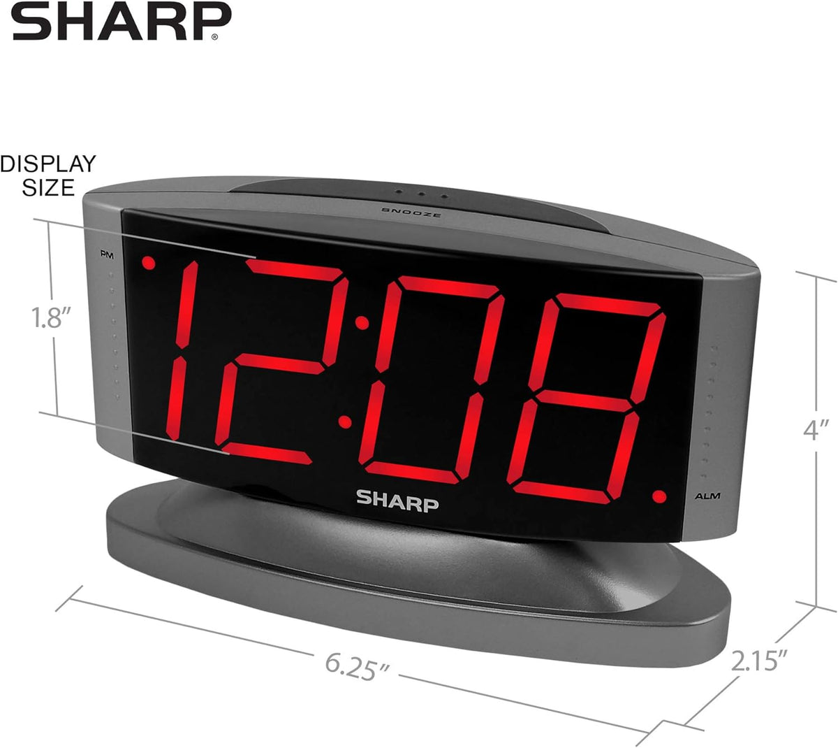 Sharp Outlet-Powered Alarm Clock with Swivel Base, Red LED, Gunmetal Grey