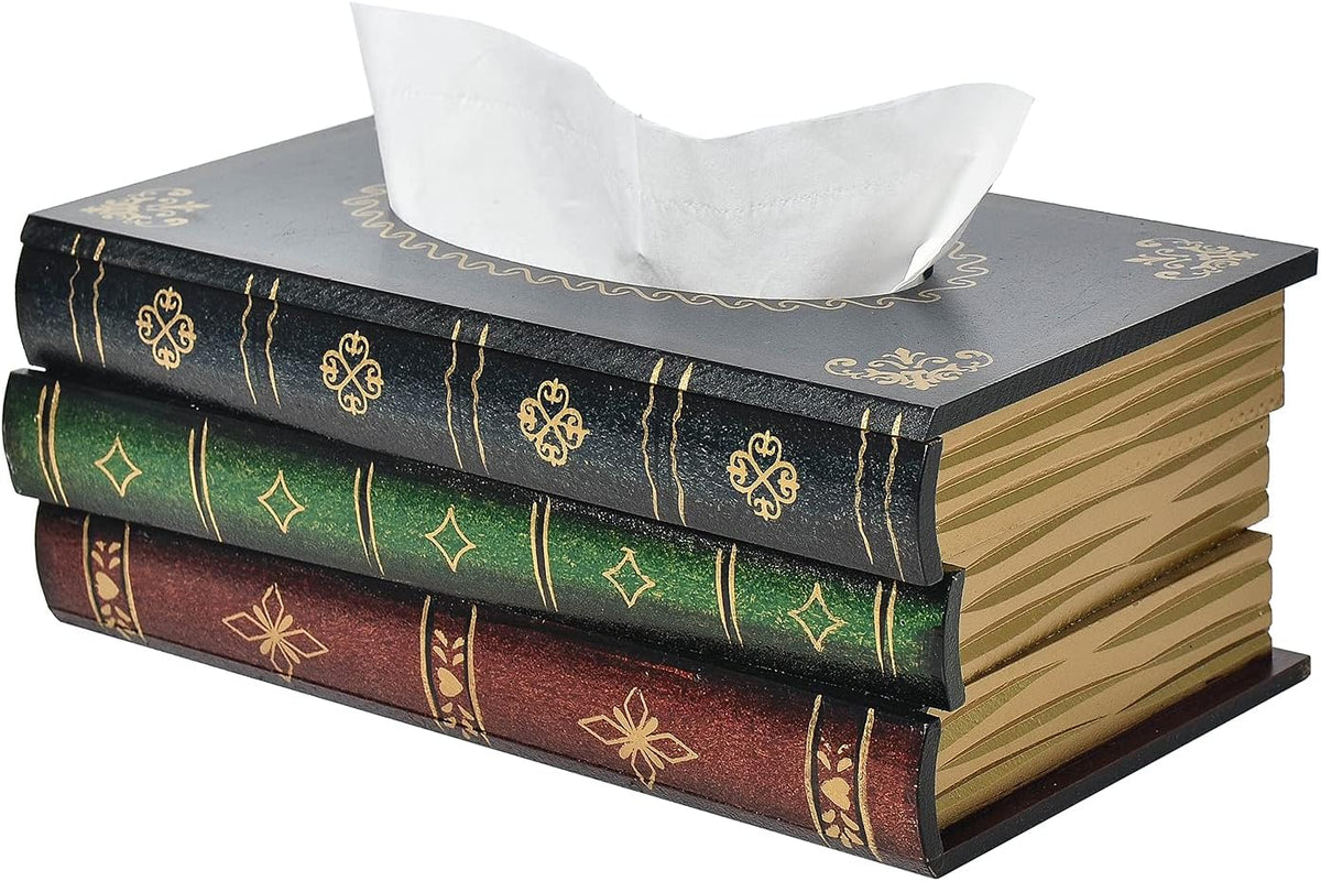 Crafted Classical Retro Wooden Antique Book Tissue Box Cover Square Tissue Holder Dispenser Paper Cover Case Napkin Holder Home Decor for Bathroom Living Room Office car Kitchen (Brown)