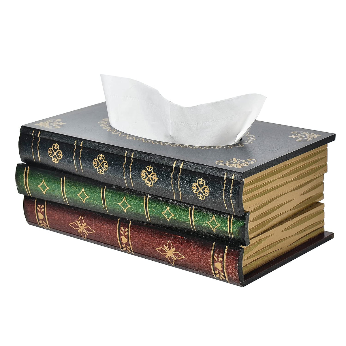 Crafted Classical Retro Wooden Antique Book Tissue Box Cover Square Tissue Holder Dispenser Paper Cover Case Napkin Holder Home Decor for Bathroom Living Room Office car Kitchen (Brown)