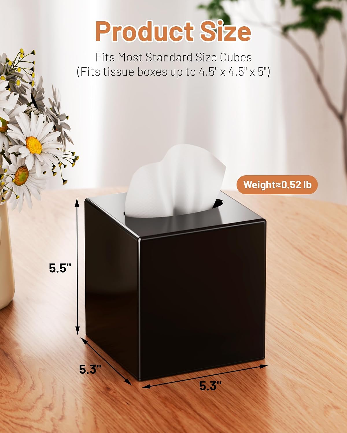 Tissue Box Cover, Square Plastic Tissue Box Holder with Anti Slip Base, Modern Decor Facial Napkin Holder for Bathroom Vanity Countertop, Bedroom Dresser, Night Stand, Parlors, Offices, Black
