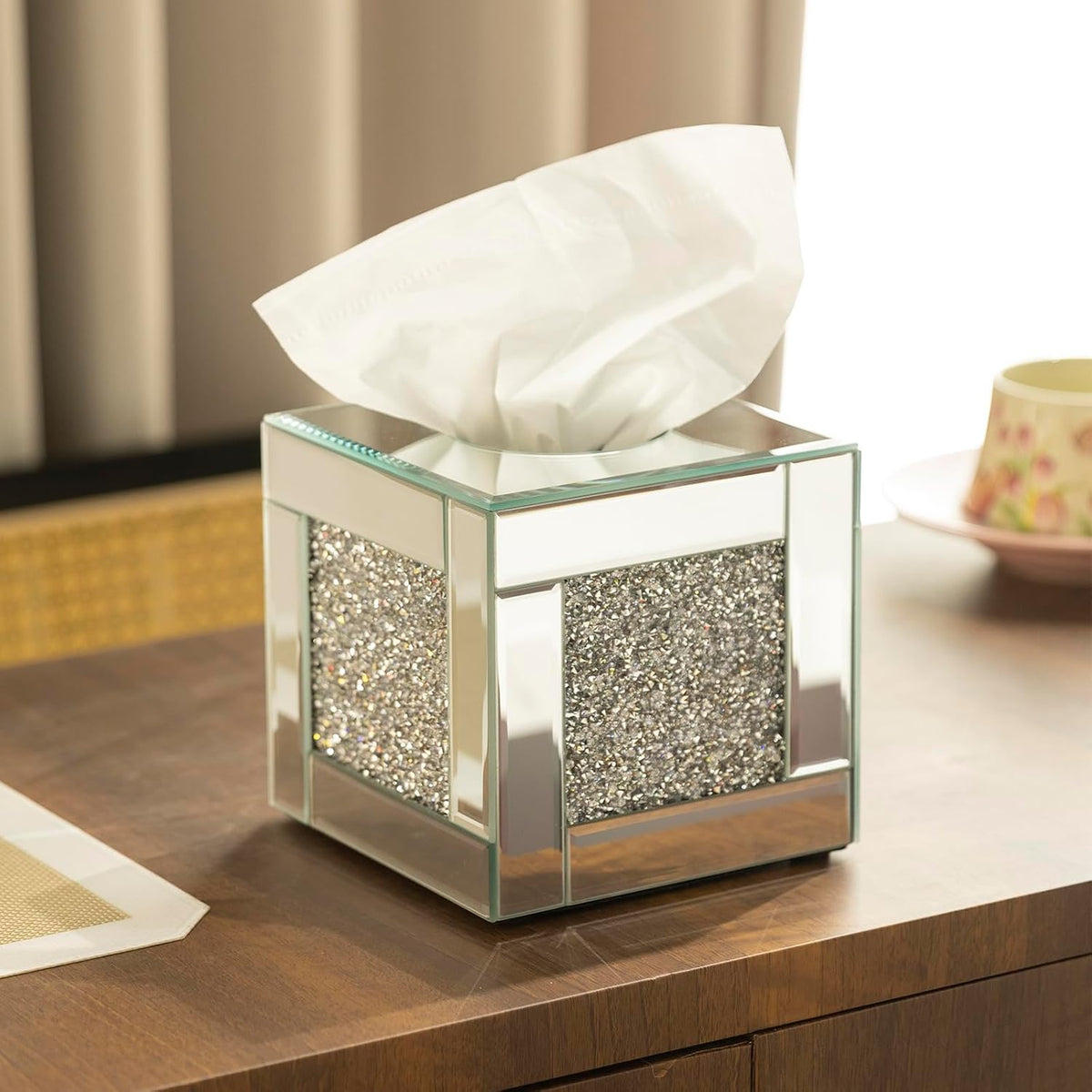 Mirrored Tissue Box Cover Holder, Square Glass Facial Tissue Holder with Crushed Diamond Crystals, Luxury Facial Paper Organizer Dispenser for Bathroom, Vanity Countertop, Tabletop, Silver