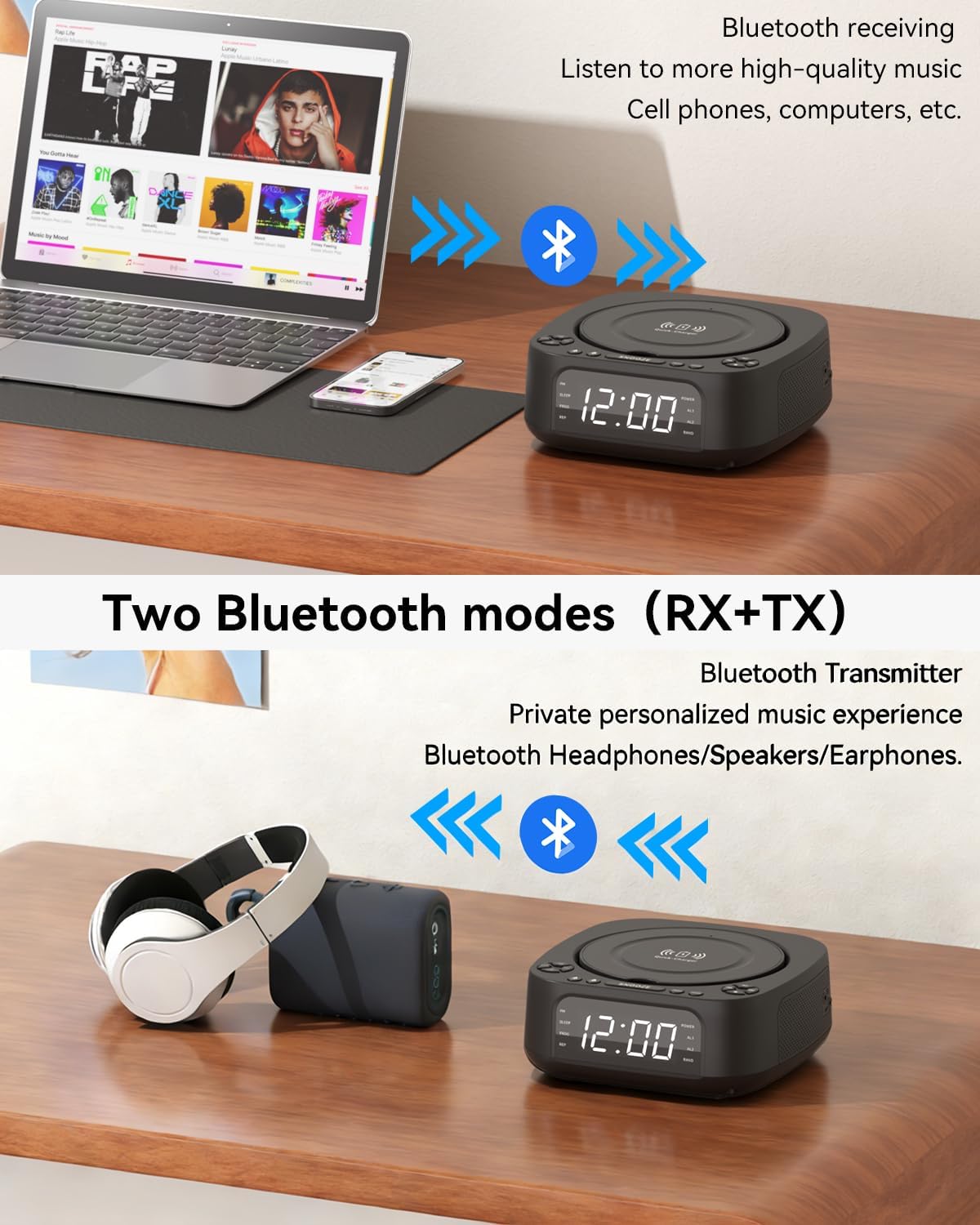CD Player Portable,MONODEAL CD Players for Home,Desktop Portable CD Player with Bluetooth Speakers,Wireless Charging,Alarm Clock,SleepTimer,Supports CD/Bluetooth/FM Radio/USB Drive/AUX,Remote Control