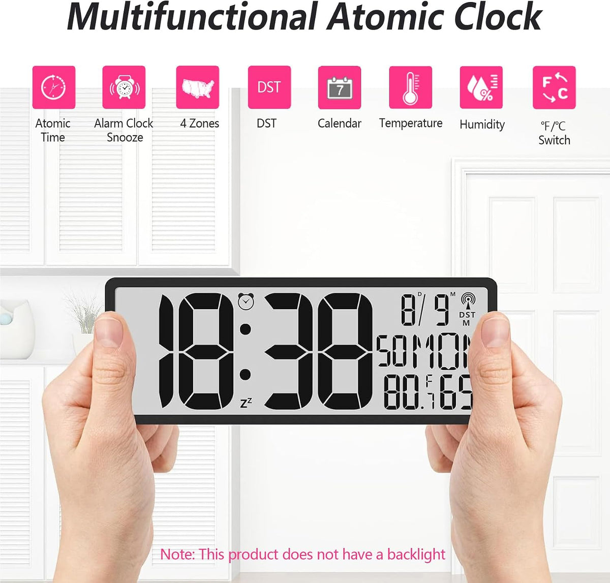 Digital LCD Atomic Desktop Clock, 7.8" Screen with Time, Date, Temperature, Humidity, Alarm, Snooze, DST, Time Zone for Home, Office (No Backlight)