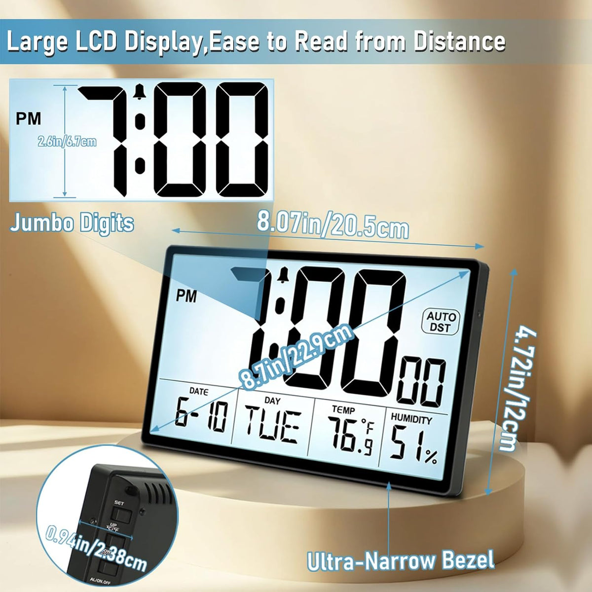 Adjustable Backlight 9'' Narrow Bezel Digital Wall Clock,Wall Mount/Desktop