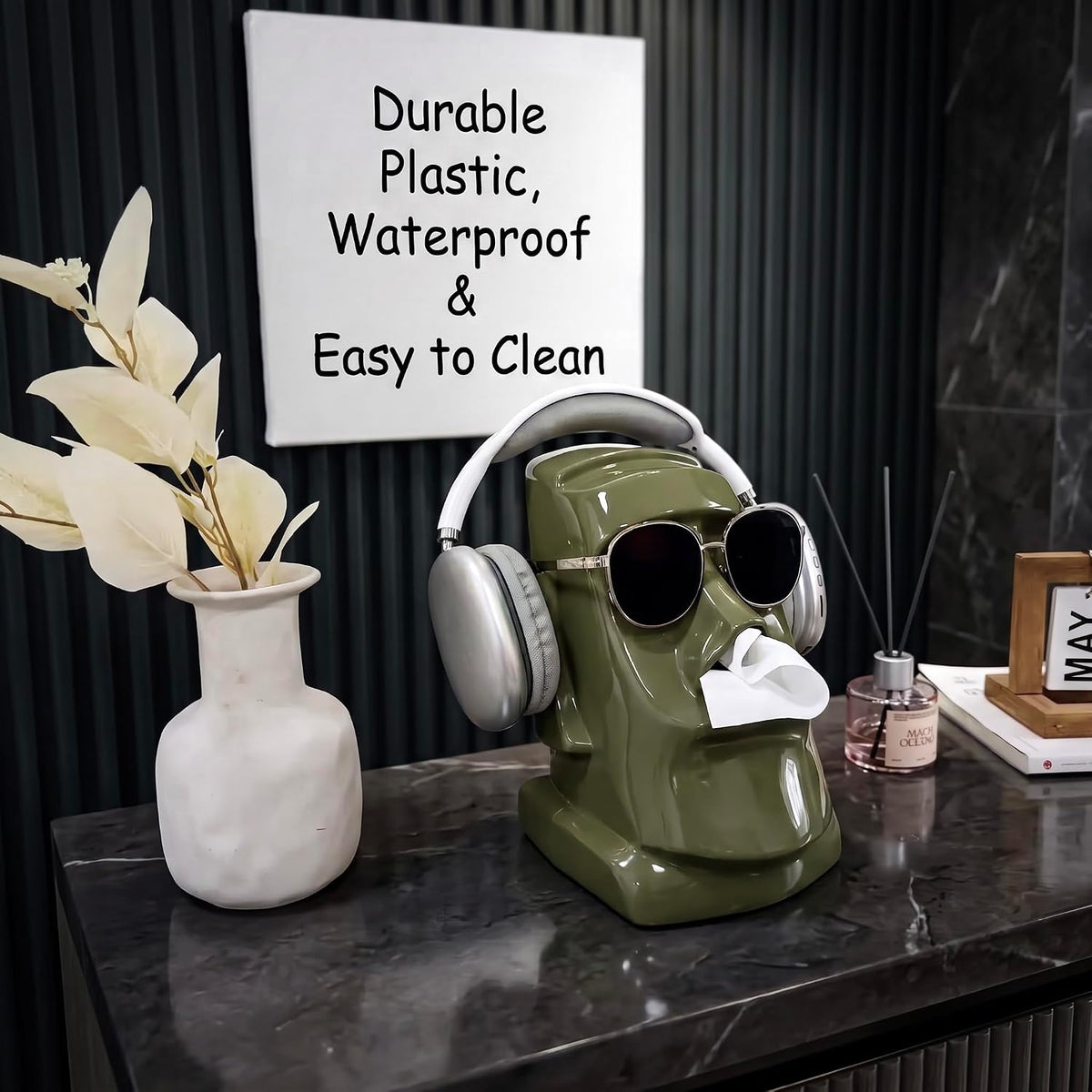 Moai Tissue Box Holder with Headphones & Glasses Holder, Suitable for Living Room, Bedroom and Other Desktop Storage Boxes, Green,Off-White,Black(Green)