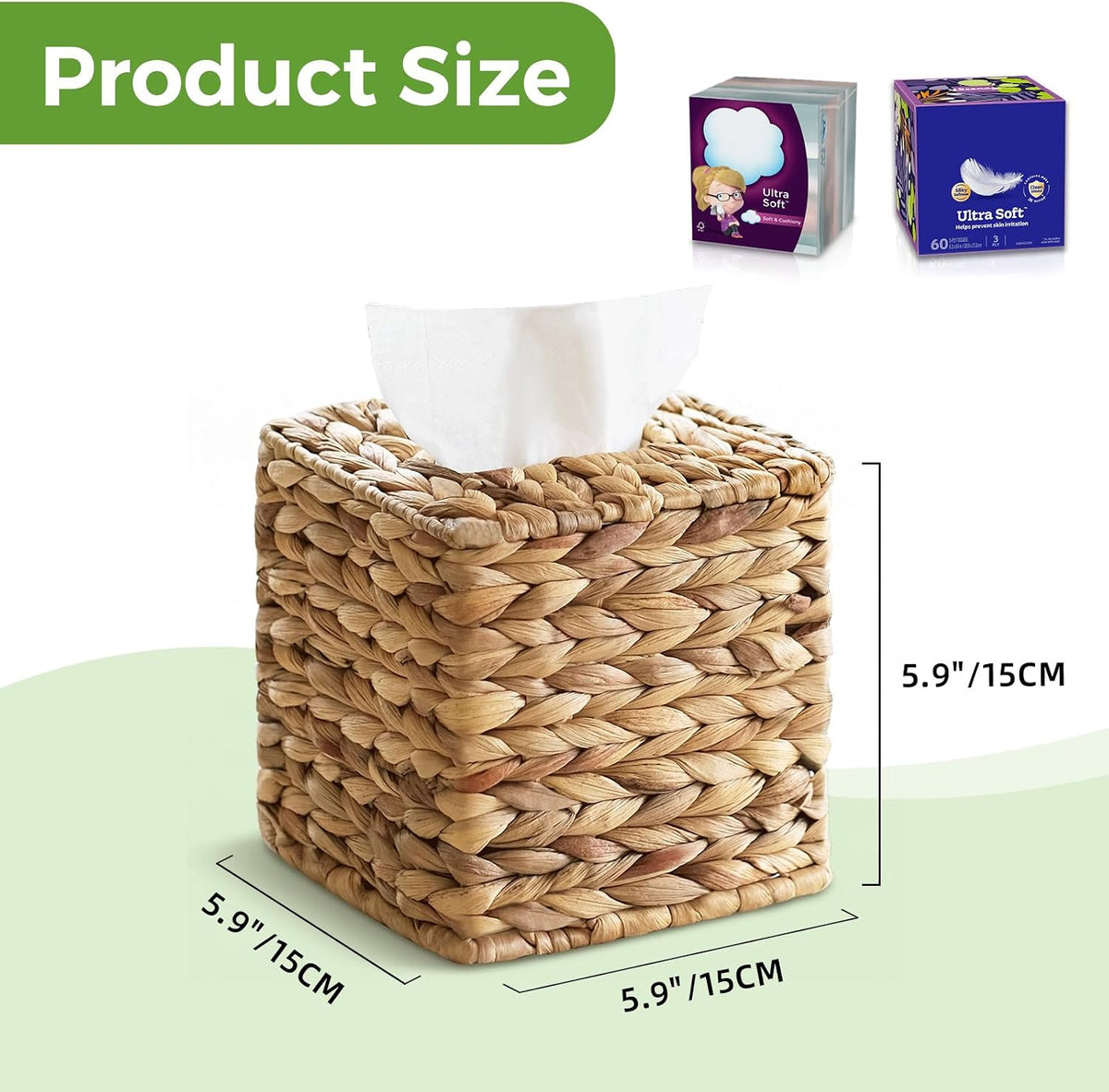 Wicker Tissue Box Cover Square, Handwoven Facial Tissue Napkin Box Holder