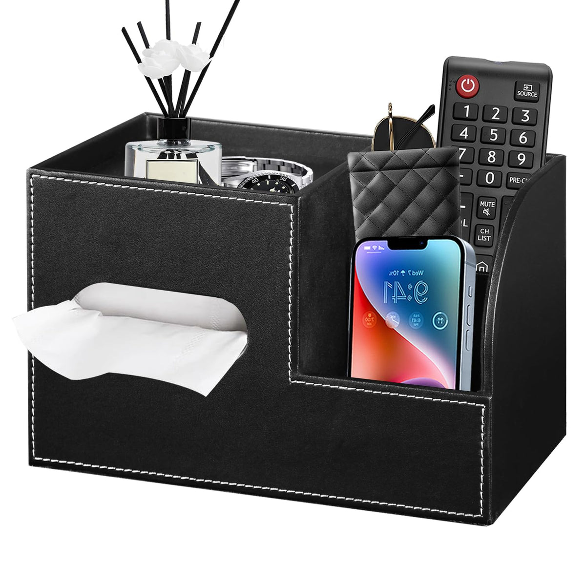 PU Leather Square Tissue Box Cover with Storage Tray,Cube Tissue Box Holder