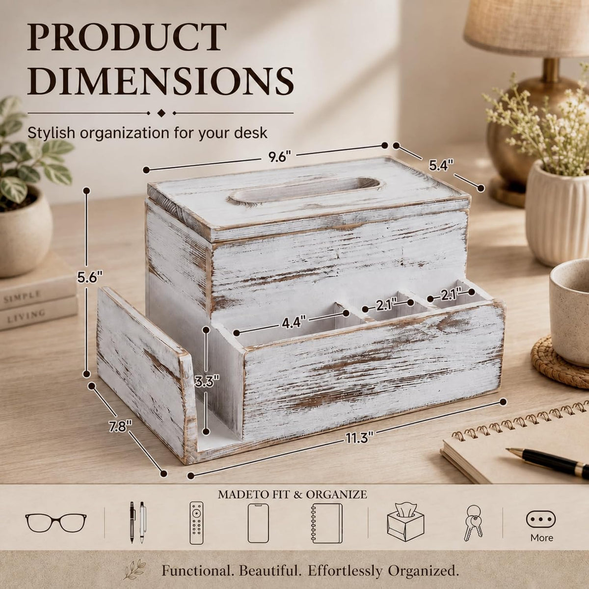 Wood Tissue Box Cover with 4 Compartments Storage,White, Pine