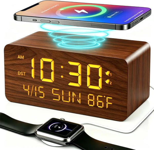 Premium Brown Wooden Digital Alarm Clock with Wireless Phone Charger, Dual USB Charging Ports, Dimmable LED Display, Date and Day of Week, Small Digital Desk Clock for Bedroom Nightstand Bedside Table