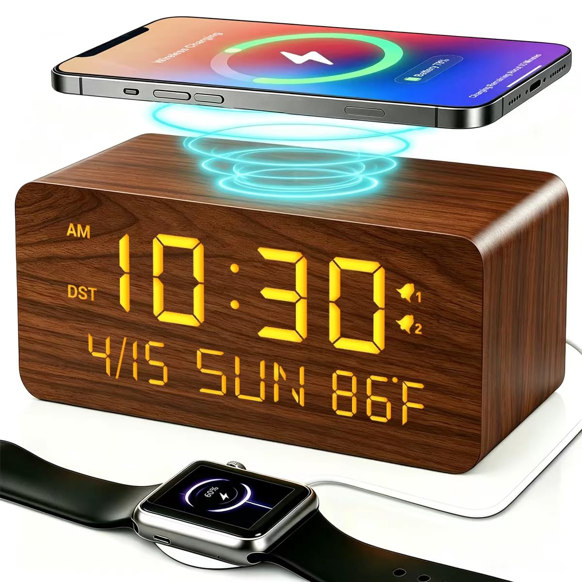 Premium Brown Wooden Digital Alarm Clock with Wireless Phone Charger, Dual USB Charging Ports, Dimmable LED Display, Date and Day of Week, Small Digital Desk Clock for Bedroom Nightstand Bedside Table