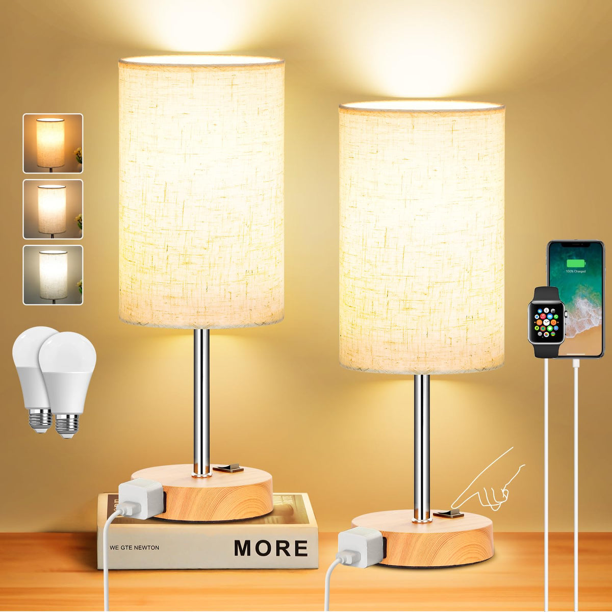 ZJOJO Table Lamp Set of 2, 13.8" Bedside Small Lamp for Bedroom Nightstand