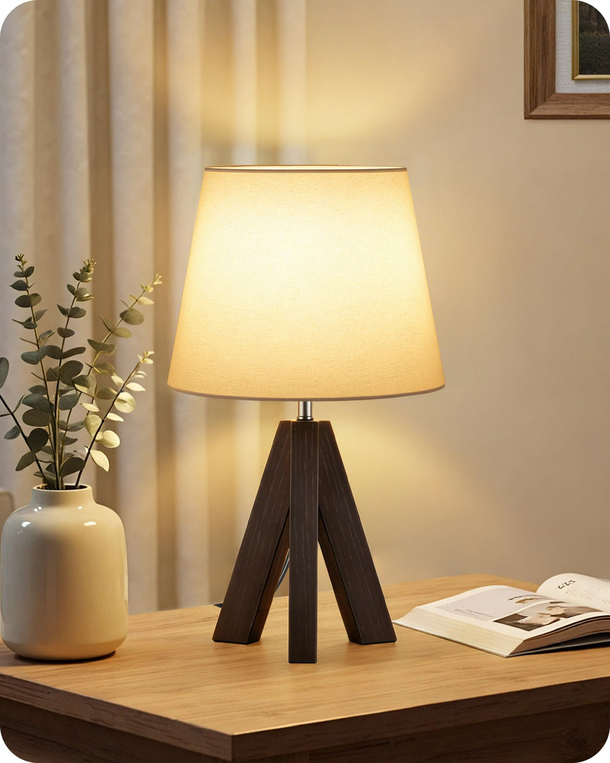 Tripod Table Lamp, 14.6 Inch Small Bedside Lamp with Beige Linen Shade, Modern Nightstand Lamp for Bedroom, Kids Room, Living Room, Nursery, Office, E26 Socket, Dark Wood Base, LE51TL05