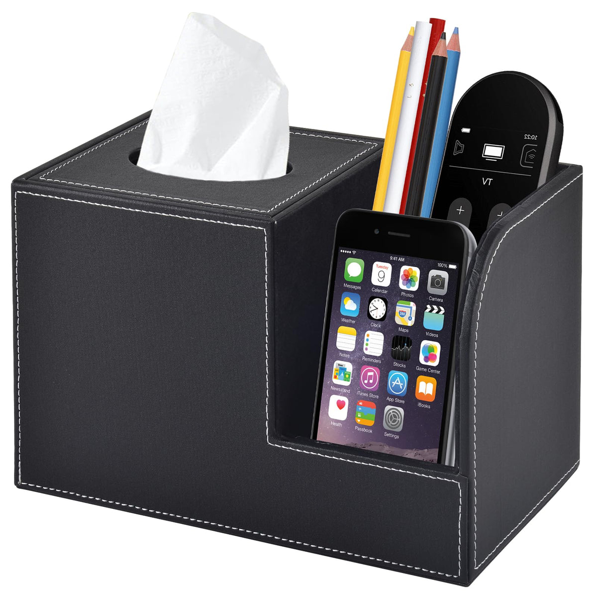PU Leather Tissue Box Cover Square-Multifunctional Bathroom Tissue Box Holder/Organizer with 2-Compartment,Remote Control Holder,Decorative Tissue Box Covers Cube,Home Office Desktop Storage box,White