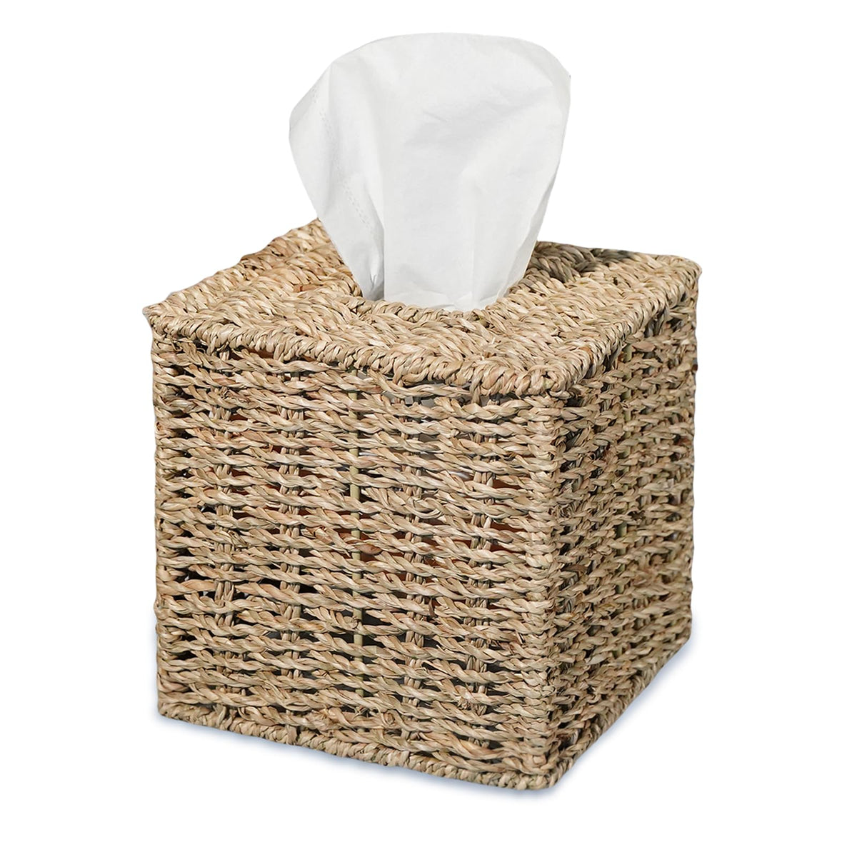 PINXIURY Water Hyacinth Handwoven Tissue Box Cover, Natural Handmade Wicker Napkin Box Holder, Handcrafted Square Facial Tissue, Rustic Decorative on Table and Bathroom, Office, Boho Decorative