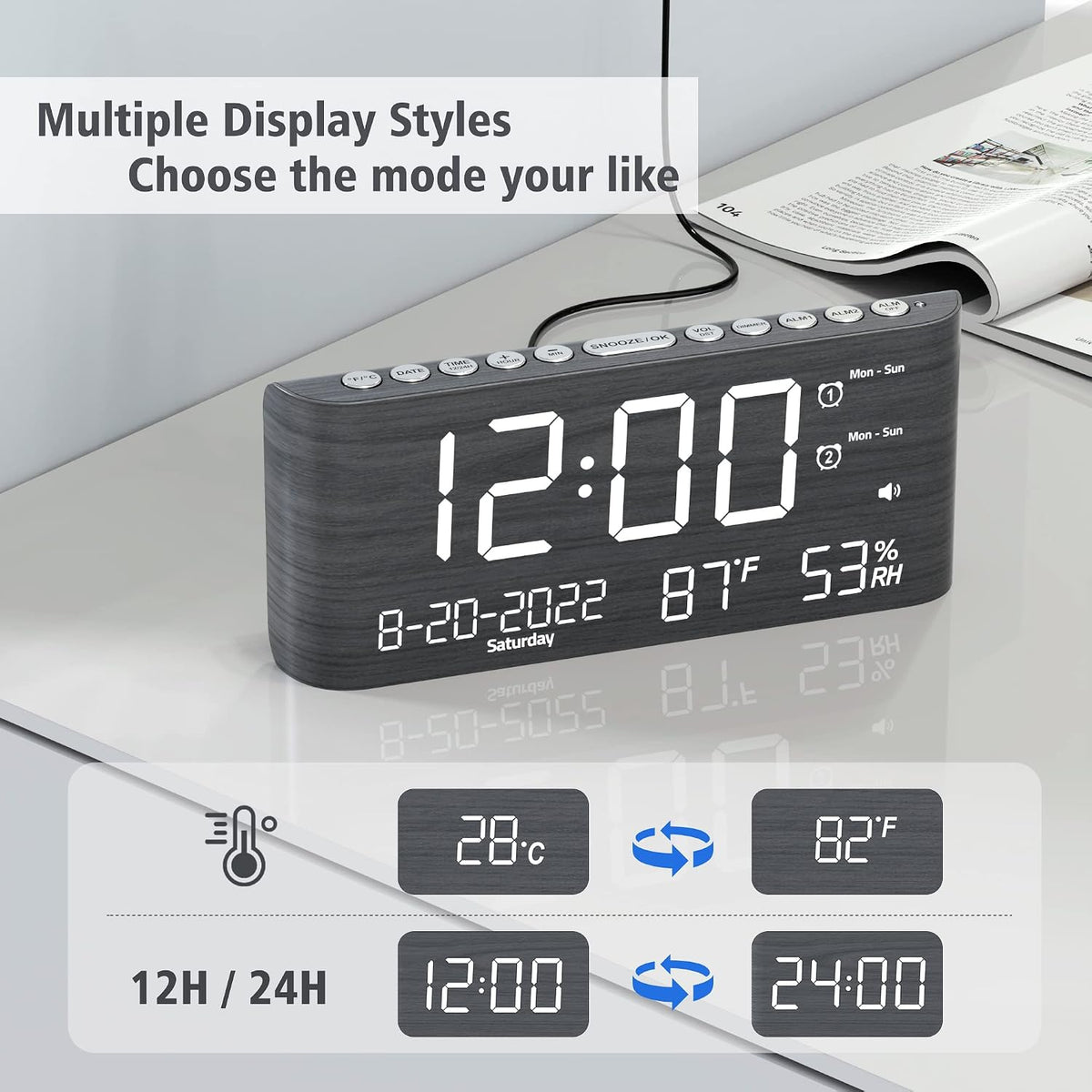 Mesqool Digital Alarm Clock, with Calendar Temperature and Humidity