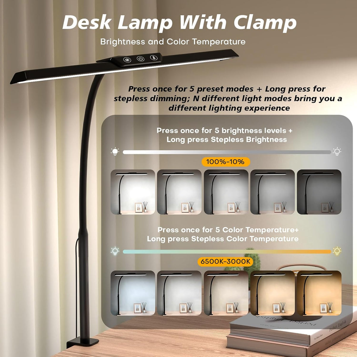 MOICO LED Desk Lamp with Clamp for Office Home-