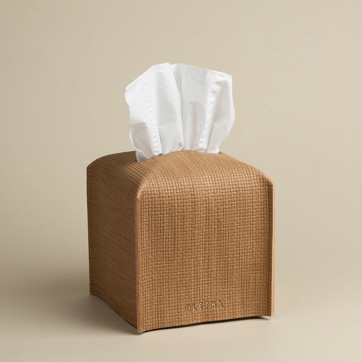OLETHA Square Tissue Box Cover, Aesthetic Desk Decor, Light Taupe