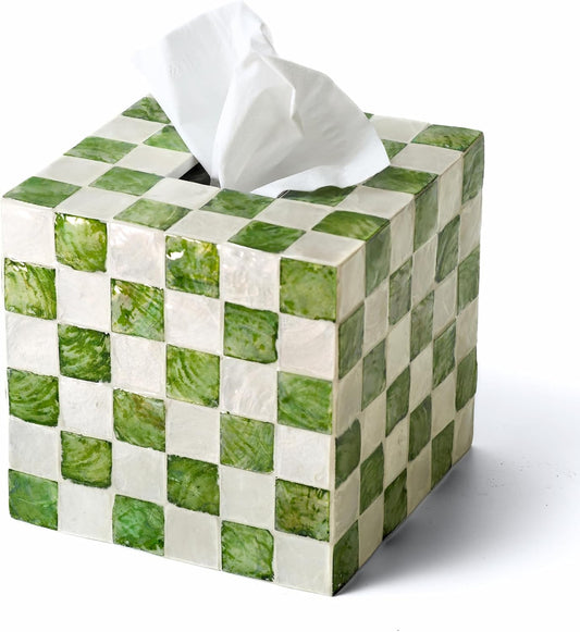 CHI AN HOME 5.5" Capiz Checkered Square Tissue Box Cover, Pistachio Green