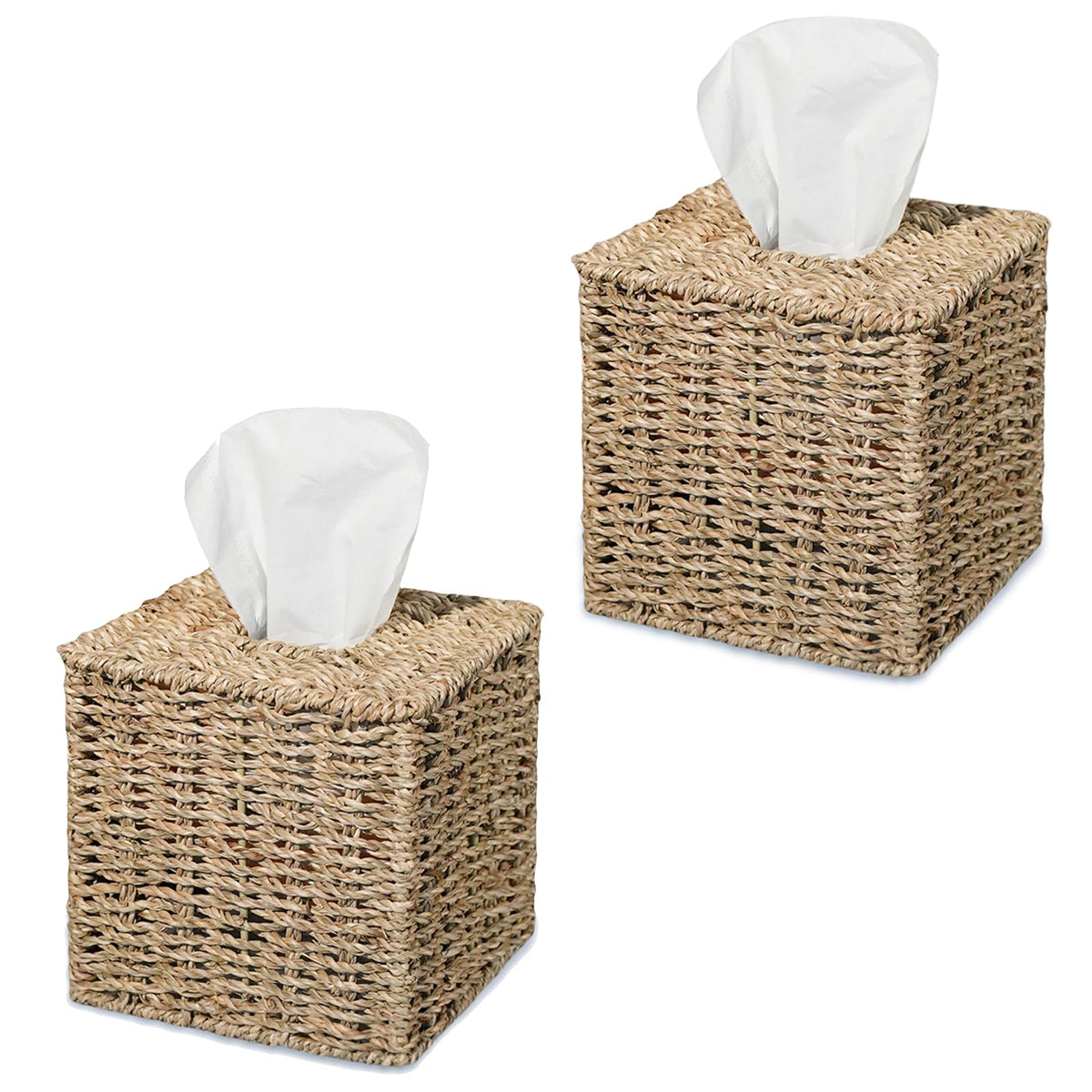 PINXIURY Water Hyacinth Handwoven Tissue Box Cover, Natural Handmade Wicker Napkin Box Holder, Handcrafted Square Facial Tissue, Rustic Decorative on Table and Bathroom, Office, Boho Decorative