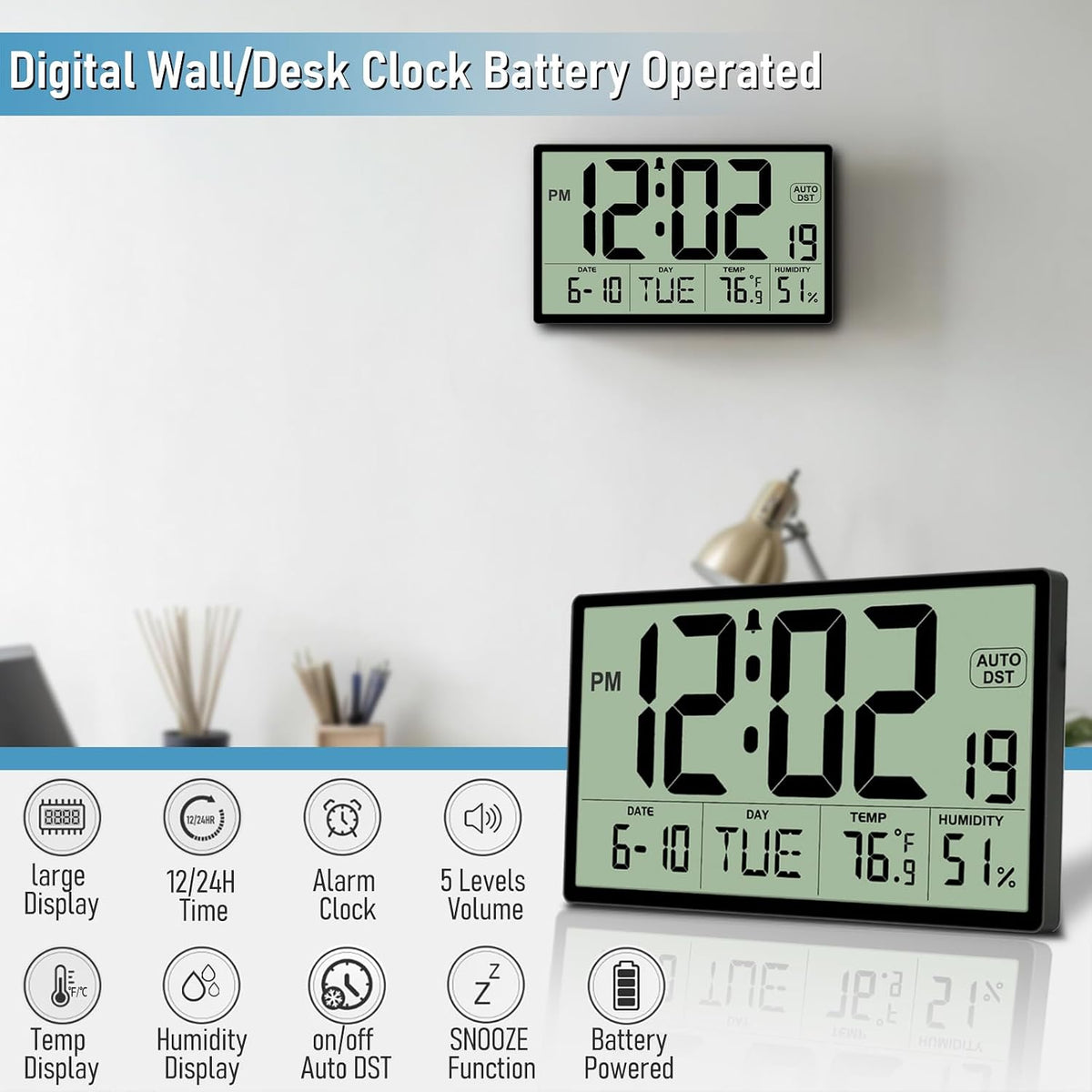 9‘’ Narrow Bezels Battery Operated Digital Wall Clock with Temp & Humidity