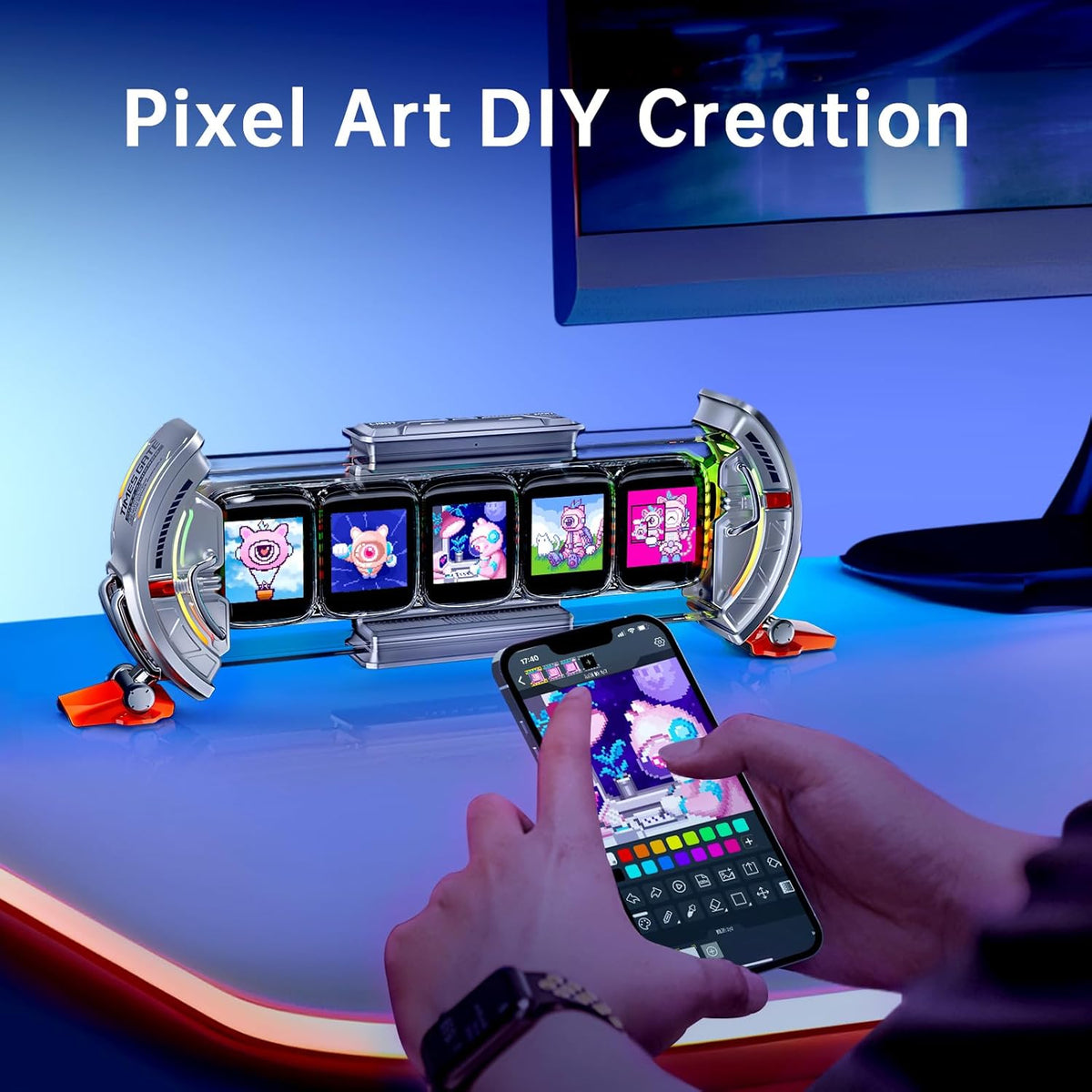 Divoom Times Gate - Cyberpunk Gaming Setup Digital Alarm Clock, Smart APP, WiFi Connect, RGB LED Display, Personalized Financial & Bitcoin Dashboard, Pixel Art for Gaming Room & Office Decor, Silver