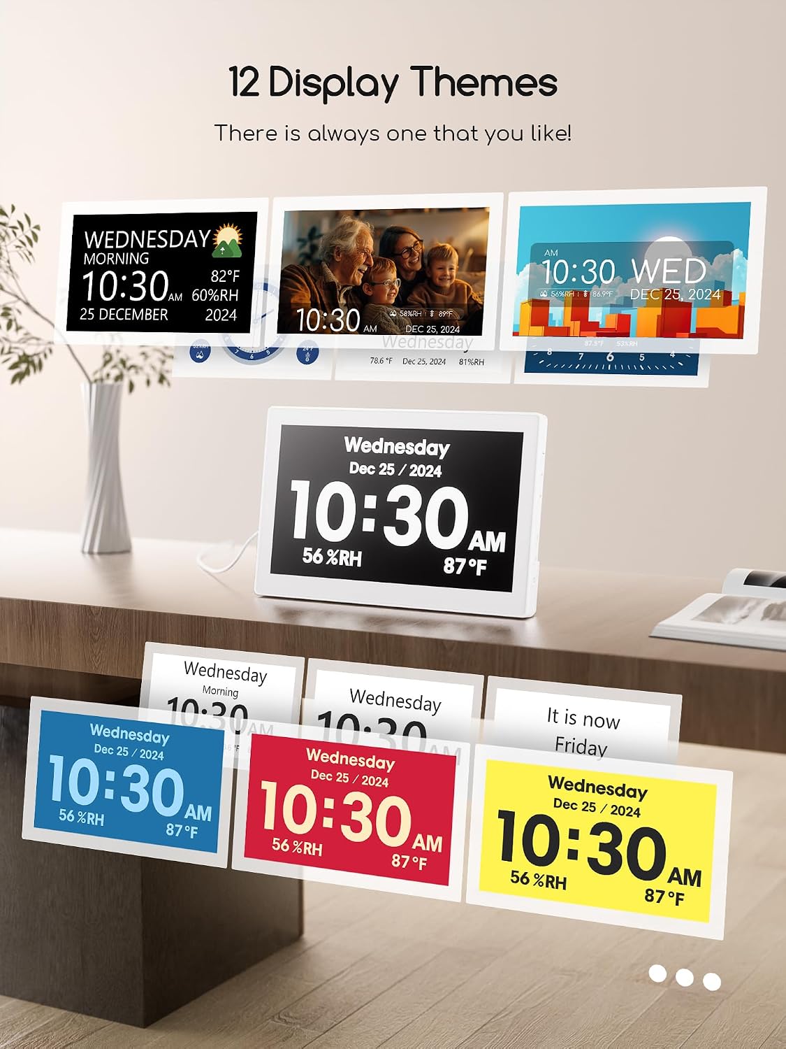 Raynic Digital Clock,10.1 Inch Large Display Calendar Clock with 12 Themes, 20 Alarms, 20 Reminders, Auto Dimming, 12/24 Hours for Seniors, Desk (White)