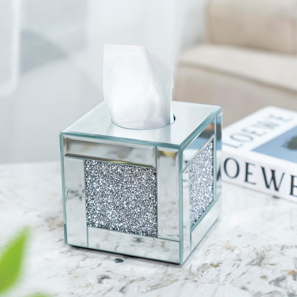 Mirrored Tissue Box Cover Holder, Square Glass Facial Tissue Holder with Crushed Diamond Crystals, Luxury Facial Paper Organizer Dispenser for Bathroom, Vanity Countertop, Tabletop, Silver
