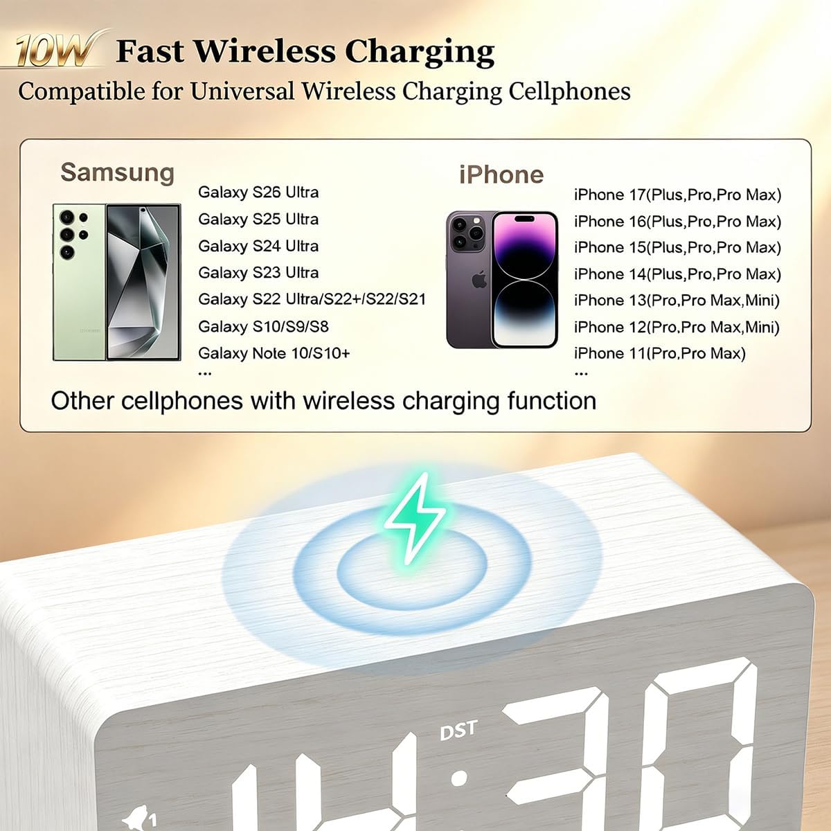 URAYCO Wooden Digital Alarm Clock, 10W Fast Wireless Charger Station & 2 USB Charging Ports, with 0~99% Dimmer, Dual Alarm, Weekday/Weekend Mode, Wood LED Clock for Bedroom, Desk, Office