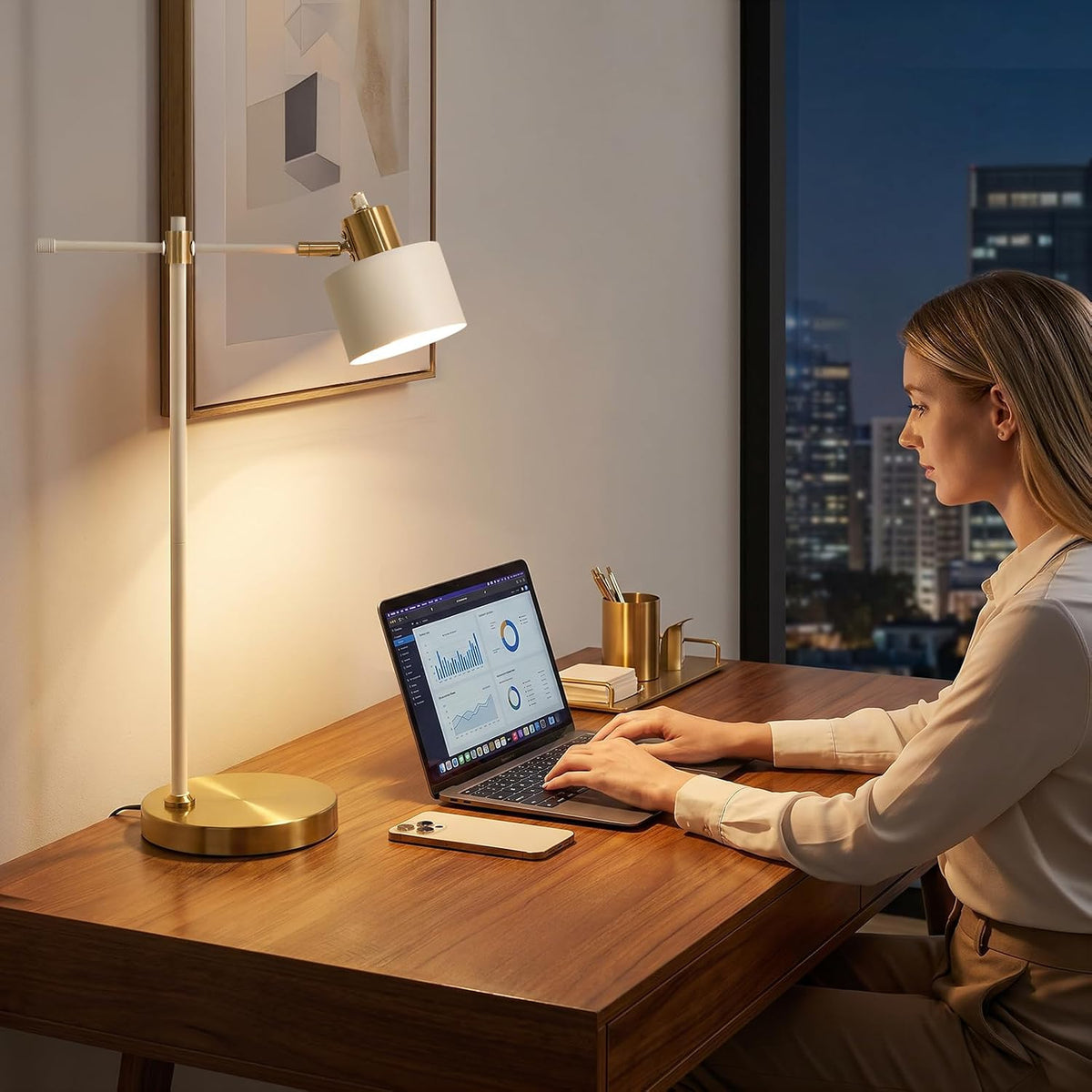 OYEARS 22.2" Modern Desk Lamp, Metal Table Lamp with LED Bulb, Adjustable Reading Lamps for Living Room, Mid Century Nightstand Lamp for Home Office, Industrial Bedside Lamps, Cream and Gold
