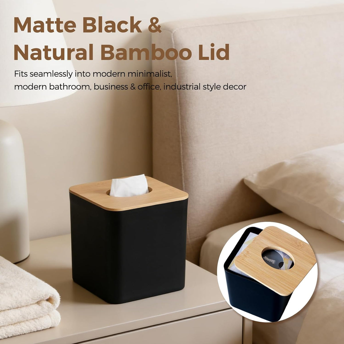 Tissue Box Cover Square, Modern Black Facial Tissue Holder with Bamboo Lid