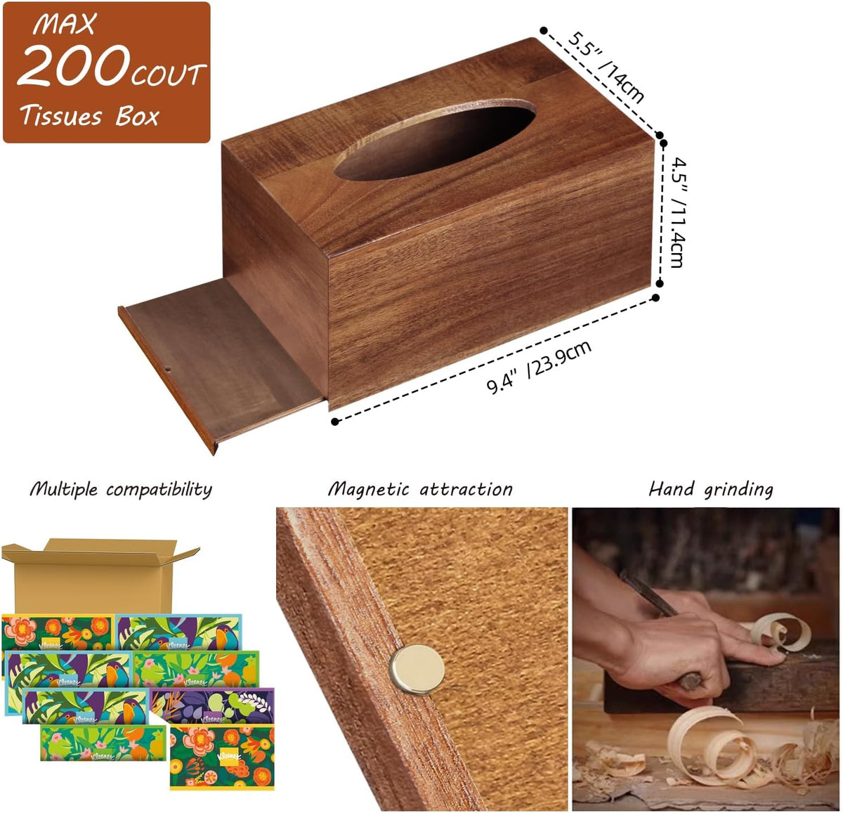 Tissue Box Cover, Wood Tissue Box Holder Rectangle with Slide-Out Bottom