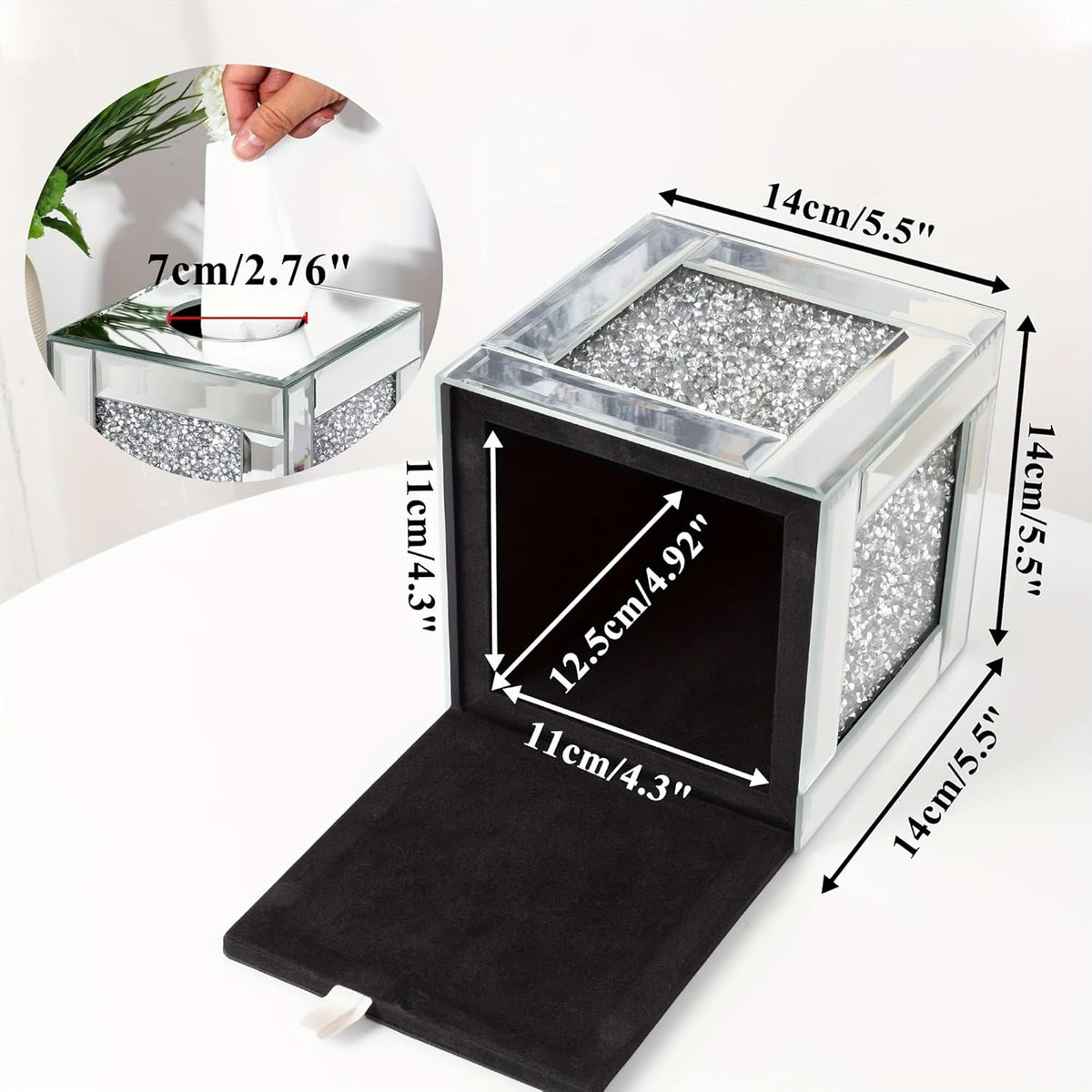 Mirrored Tissue Box Cover Holder, Square Glass Facial Tissue Holder with Crushed Diamond Crystals, Luxury Facial Paper Organizer Dispenser for Bathroom, Vanity Countertop, Tabletop, Silver