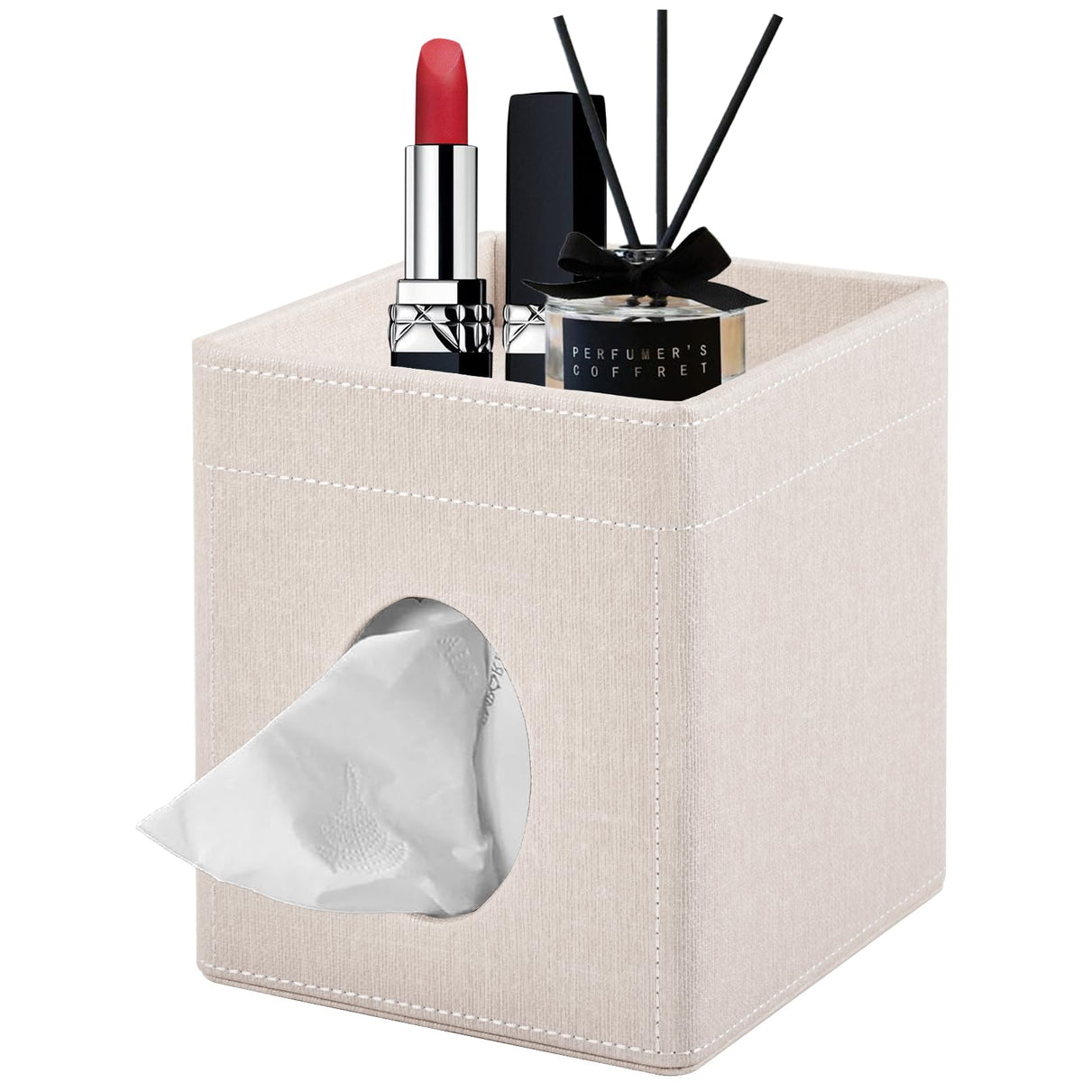 Tissue Box Cover Square Tissue Box Holder PU Leather Facial Tissues Organizer with Storage Tray for Bathroom Vanity Bedroom Office Car, Stylish Napkin Caddy Decorative Organizer (Black)