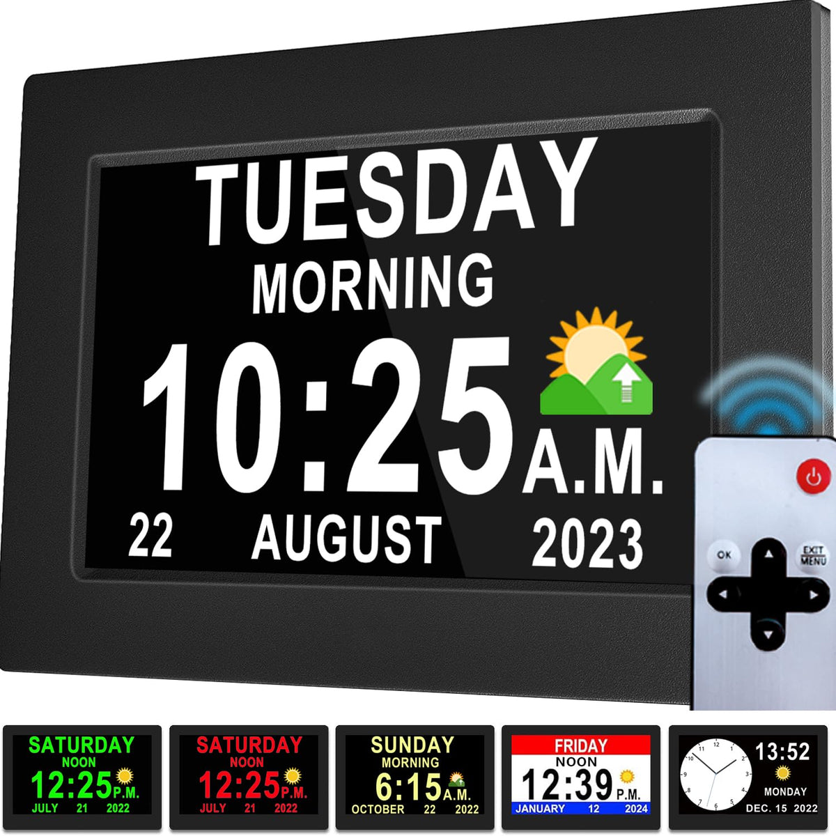 Véfaîî 19 Alarms Dementia Clock 8 Inch Large Display, Auto DST, 10 Levels Auto Dimmable, Non-Abbreviated Date and Day Calendar Clock for Seniors, with Power Adaptor, Picture Frame Feature
