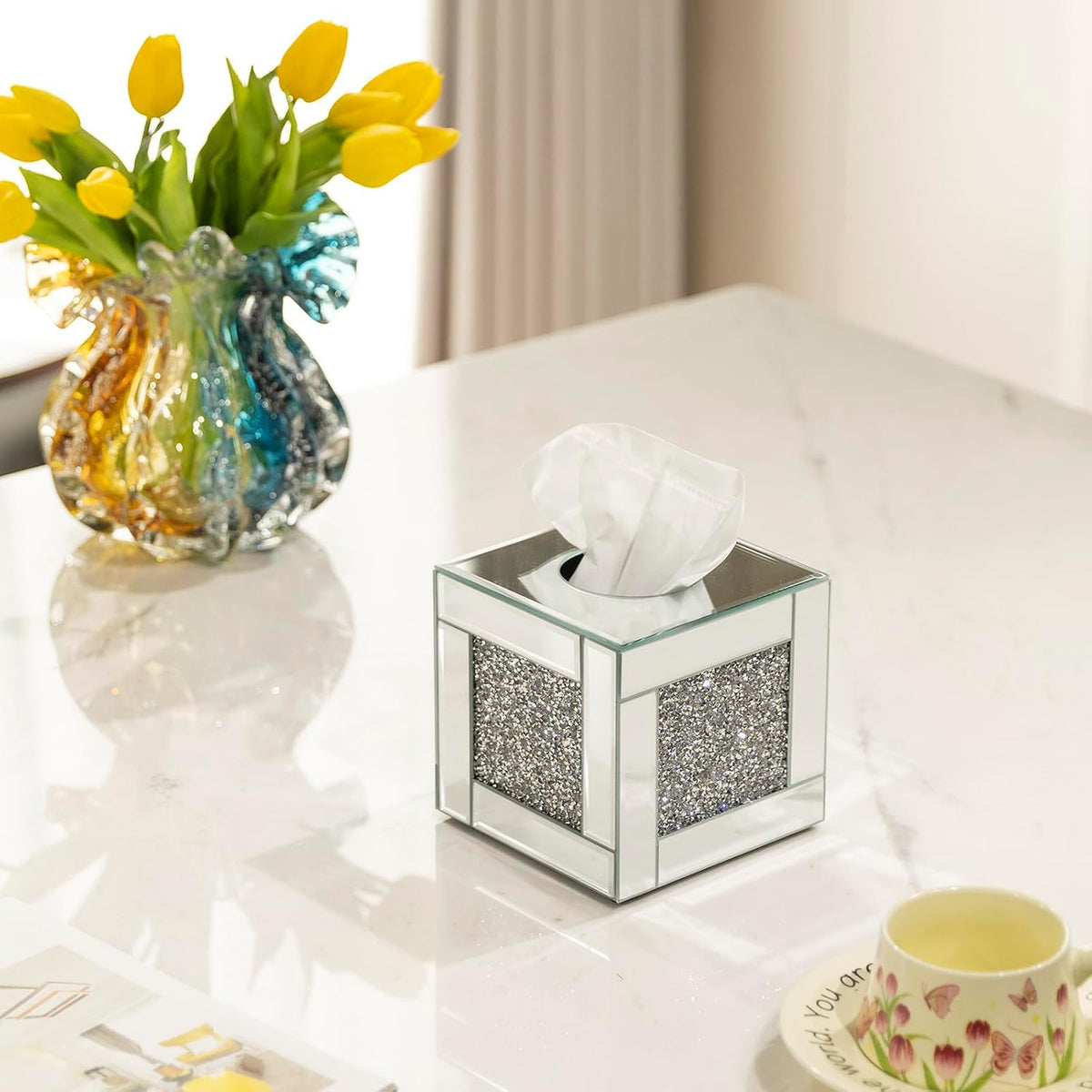 Mirrored Tissue Box Cover Holder, Square Glass Facial Tissue Holder with Crushed Diamond Crystals, Luxury Facial Paper Organizer Dispenser for Bathroom, Vanity Countertop, Tabletop, Silver