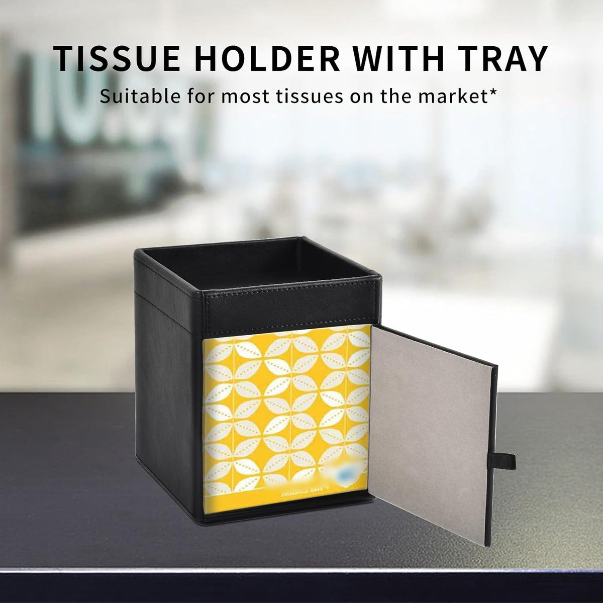 Tissue Box Cover Square Tissue Box Holder PU Leather Facial Tissues Organizer with Storage Tray for Bathroom Vanity Bedroom Office Car, Stylish Napkin Caddy Decorative Organizer (Black)