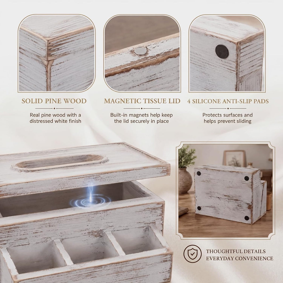 Wood Tissue Box Cover with 4 Compartments Storage,White, Pine