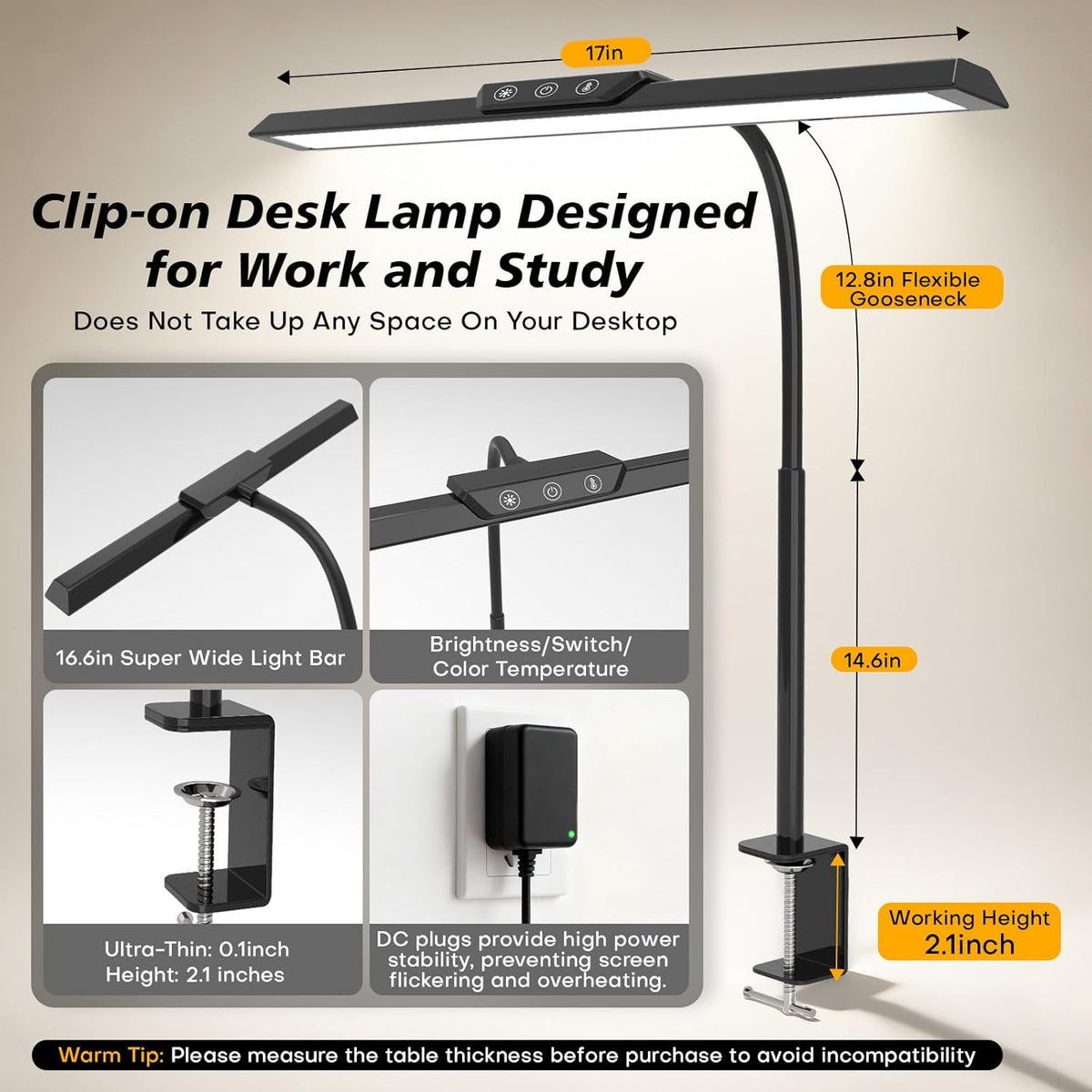 MOICO LED Desk Lamp with Clamp for Office Home-