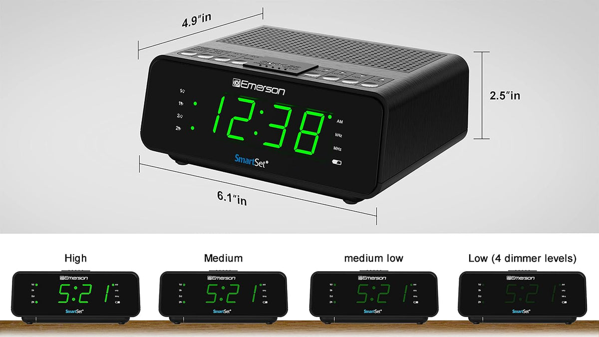 Emerson SmartSet Dual Alarm Clock Radio with AM/FM, Auto Time Setting, Sleep Timer, Snooze, 20 Presets, Easy-to-Read .9-inch Jade Green Dimmable LED Display, CKS1900