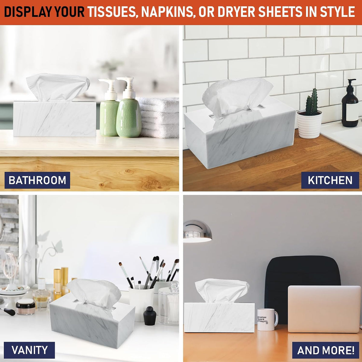 Acrylic Tissue Box Holder, Clear Dispenser for Facial Tissues, Napkins, and Dryer Sheets. Perfect for Bathrooms, Desks, Countertops, Vanities, Bedrooms, and Nightstands (Rectangle, Marble)
