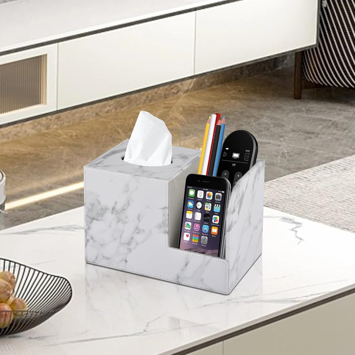 PU Leather Tissue Box Cover Square-Multifunctional Bathroom Tissue Box Holder/Organizer with 2-Compartment,Remote Control Holder,Decorative Tissue Box Covers Cube,Home Office Desktop Storage box,White