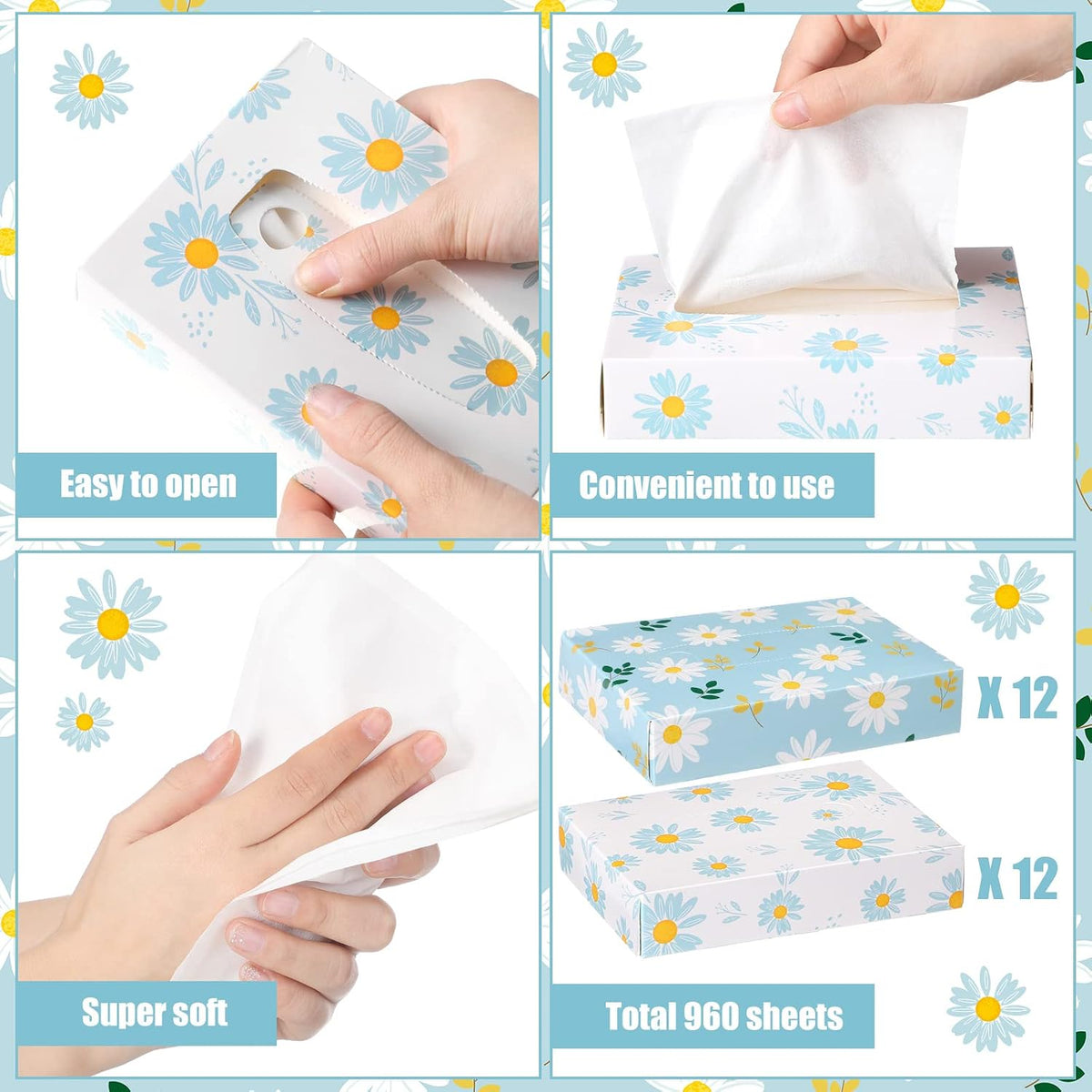 Yinder 24 Pcs Small Tissue Cube Box 960 Sheets for Classroom, Fresh Daisy