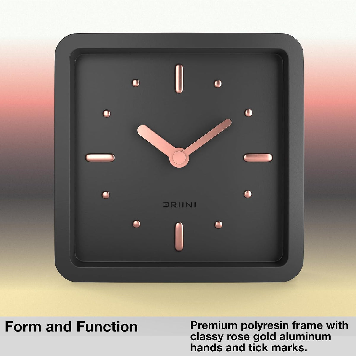 Driini Small Square Modern Desk Clock – Silent Analog, Black and Rose Gold