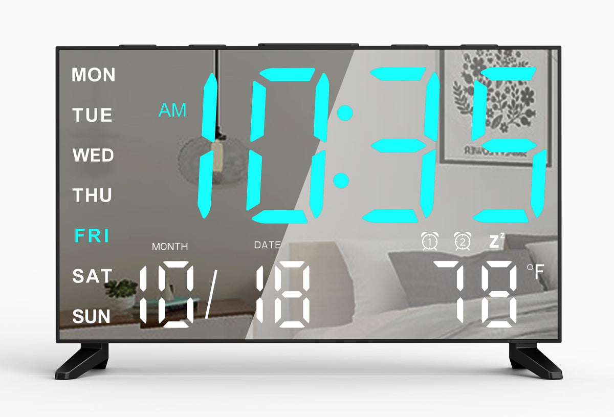Mirror Digital Loud Alarm Clock with with Date,Indoor Temperature,USB Charging Port,Dimmer,Adjustable Volum,12/24H,Snooze,Dual Alarms (Weekday/Weekend),Perfect for Bedroom and Living Room