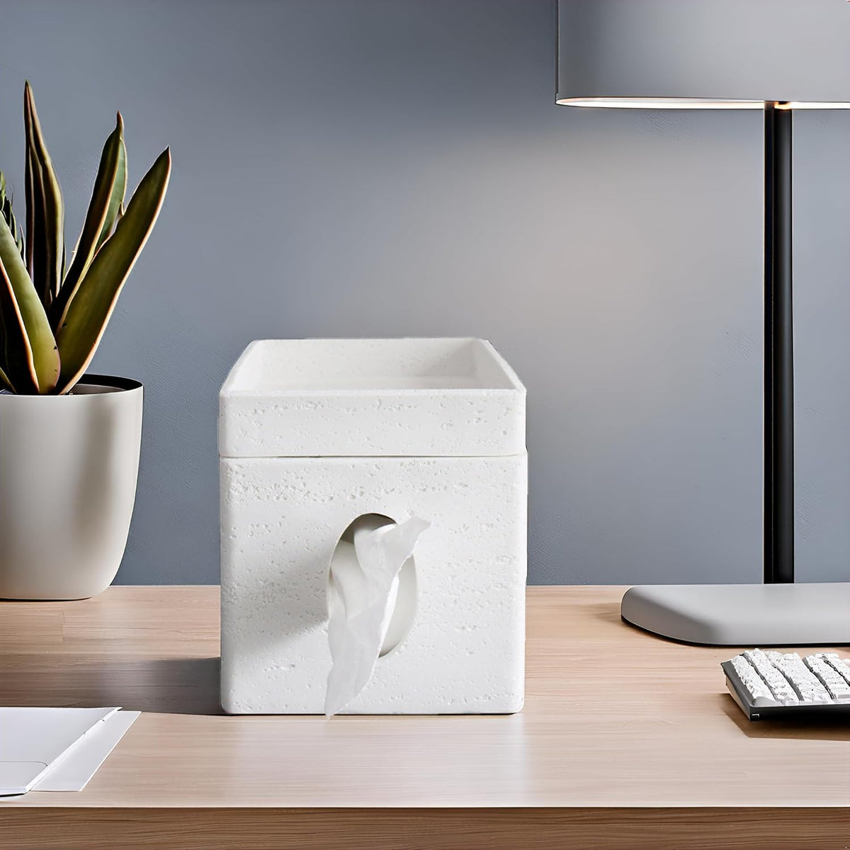 Hymmah Tray Tissue Box Cover Holder Unique Cube Design Tissue Dispenser Cover Decor for Vanity Counter Tops Also Great for Bedroom and Living Room White