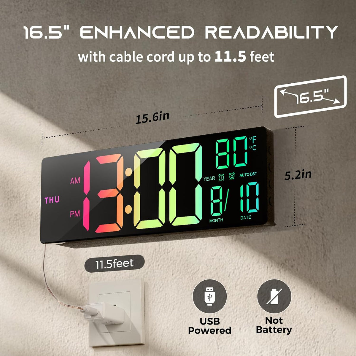 EASYERA 16.5" Large Digital Wall Clock with BT Sync,11 RGB Lights