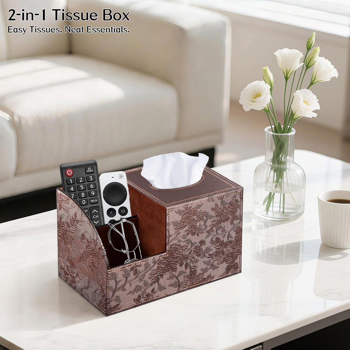Square Tissue Box Cover with Storage, PU Leather Facial Cube Tissue Holder