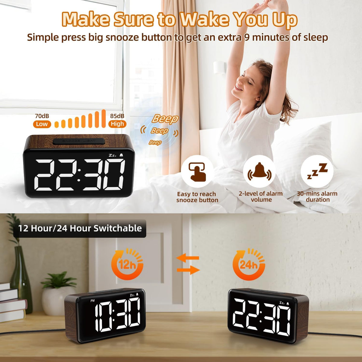 Simple Woodgrain Digital Alarm Clock For Bedrooms - 5.9in Large LED Display